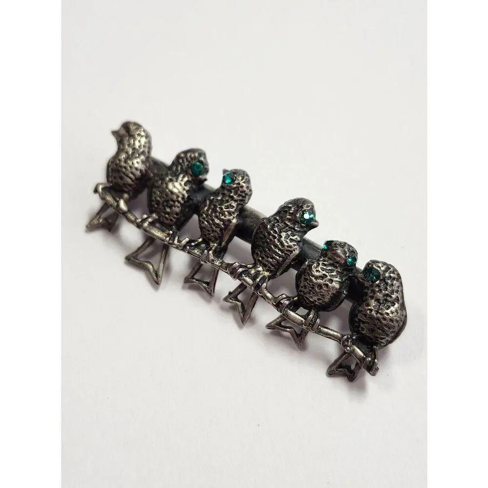 Vintage Sterling Silver Bird Brooch with Green Accent Eyes - Picture 2 of 5